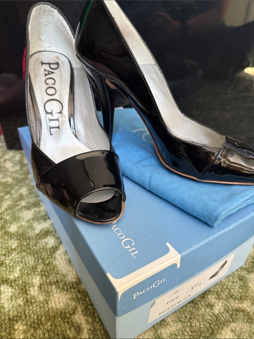 Paco Gil Black Patent Peep-Toe Pumps